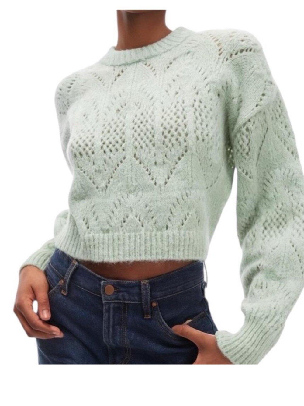 NWT Topshop Mint Pointelle Crewneck Cropped Sweater Size 8-10 UK M